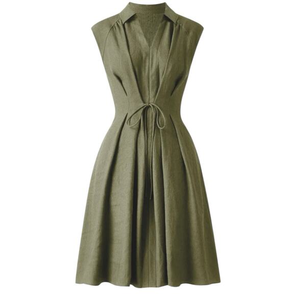 NWT OGL Viscose Linen Collared V Neck Drawstring MIDI Dress Green Size Small - Picture 2 of 8